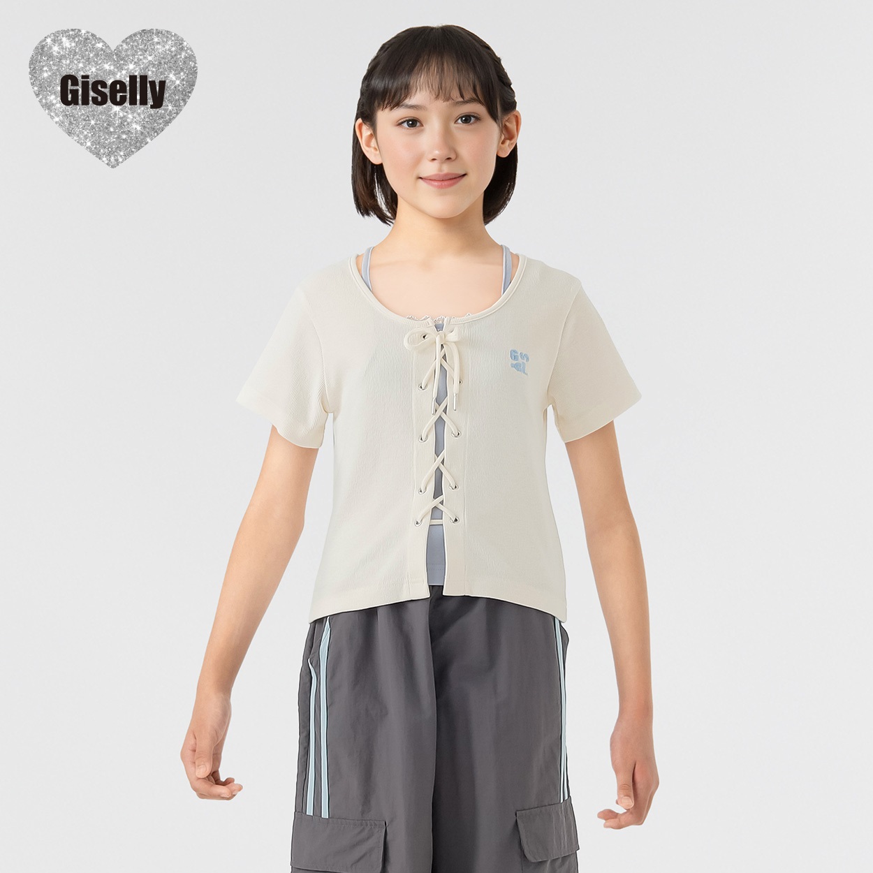 Giselly(ジゼリー) レイヤードレースアップＴシャツ 女の子 キッズ 130cm-160cm(ホワイト-150cm)