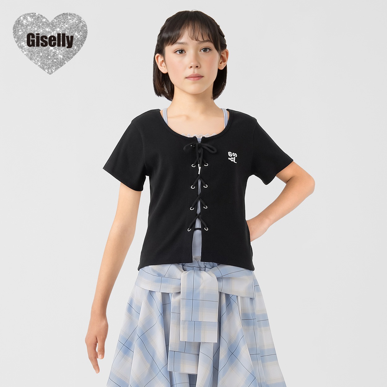 Giselly(ジゼリー) レイヤードレースアップＴシャツ 女の子 キッズ 130cm-160cm(ブラック-130cm)