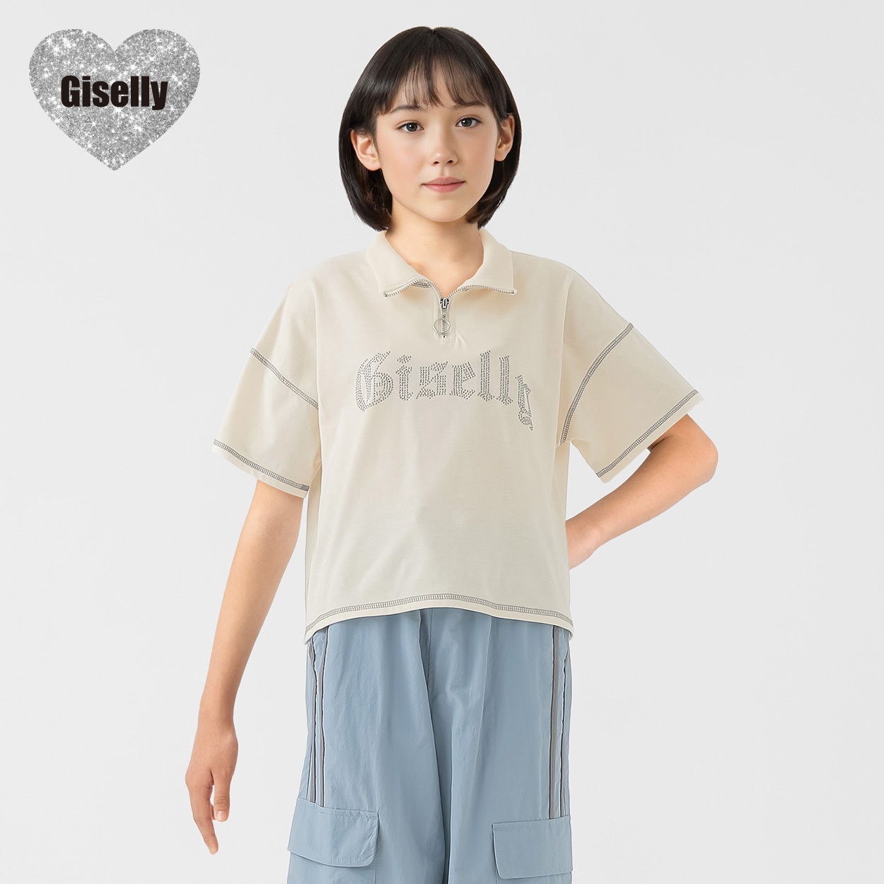 Giselly(ジゼリー) スタッズロゴハーフＺＩＰＴシャツ 女の子 キッズ 130cm-160cm(ホワイト-150cm)