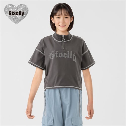 Giselly(ジゼリー) スタッズロゴハーフＺＩＰＴシャツ 女の子 キッズ 130cm-160cm(チャコ－ルグレ－-130cm)