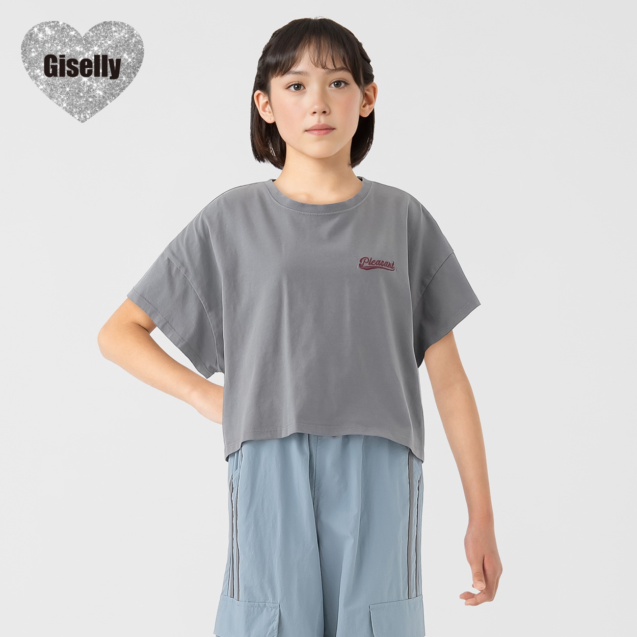 Giselly(ジゼリー) バッグアップリケピグメントTシャツ 女の子 キッズ 130cm-160cm(ライトグレー-140cm)