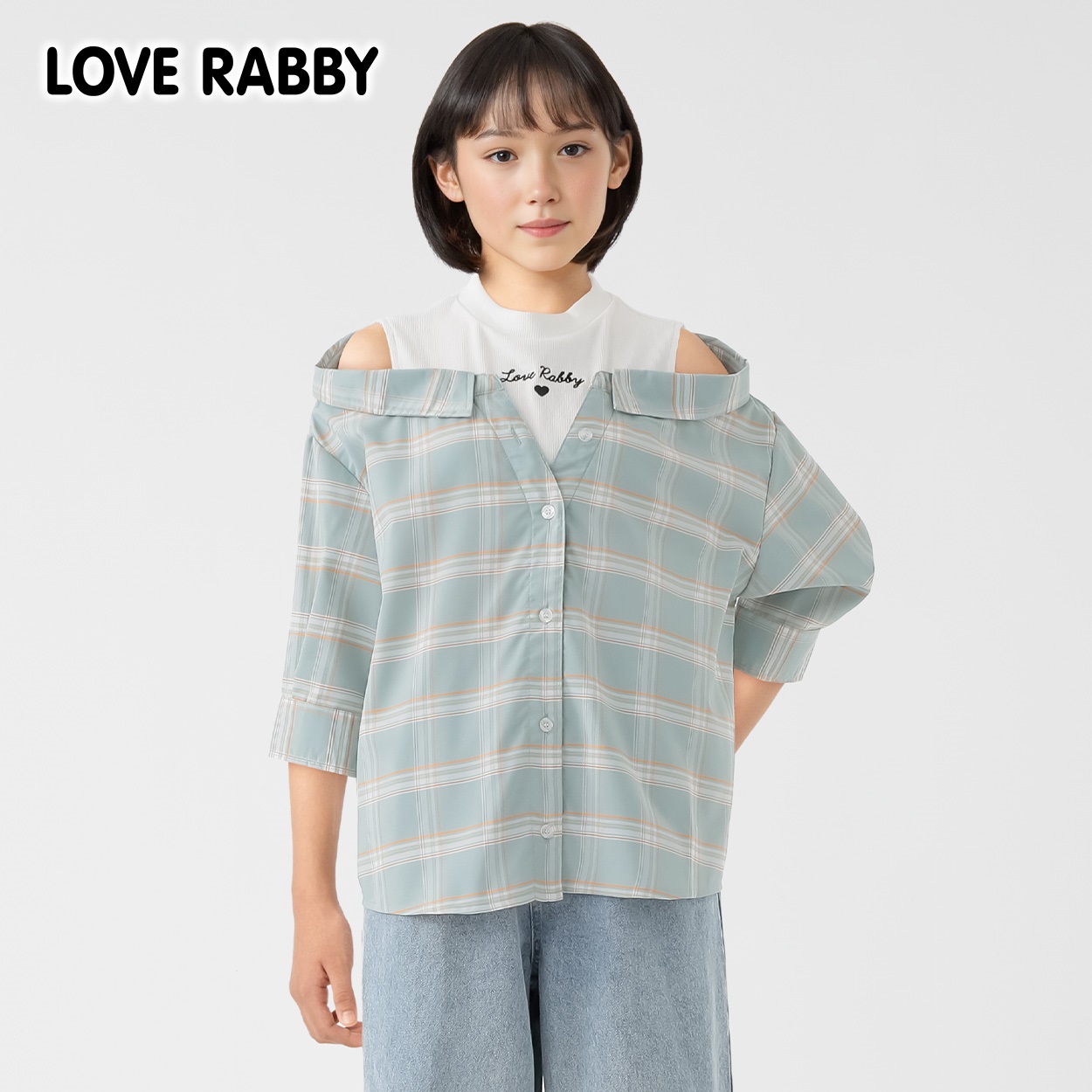 ラブラビ 重ね着風シャツ 女の子 キッズ 130cm-160cm(グリーン(チェック)-160cm)