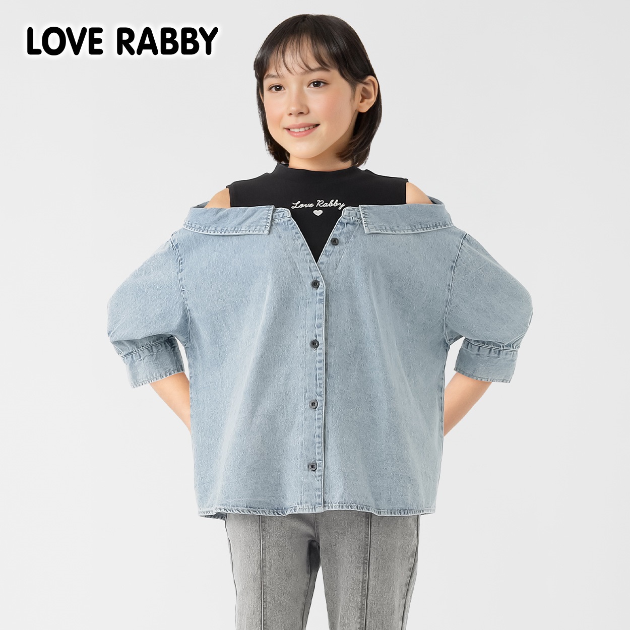 ラブラビ 重ね着風シャツ 女の子 キッズ 130cm-160cm(ブルー(デニム)-160cm)