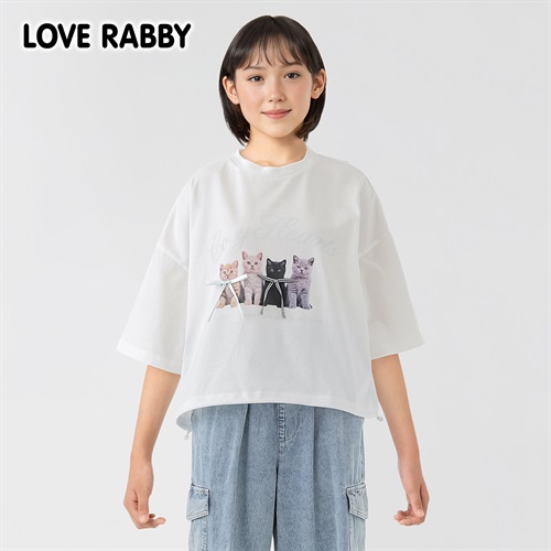 ラブラビ ねこ転写プリントリボンＴシャツ 女の子 キッズ 130cm-160cm(ホワイト-130cm)