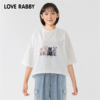 ラブラビ ねこ転写プリントリボンＴシャツ 女の子 キッズ 130cm-160cm(ホワイト-130cm)