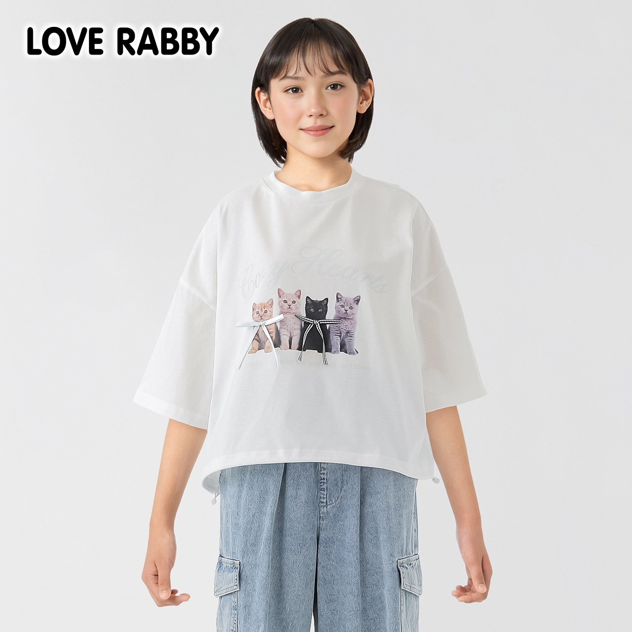 ラブラビ ねこ転写プリントリボンＴシャツ 女の子 キッズ 130cm-160cm(ホワイト-160cm)