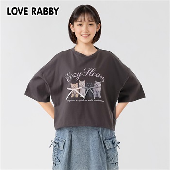 ラブラビ ねこ転写プリントリボンＴシャツ 女の子 キッズ 130cm-160cm(チャコールグレー-130cm)
