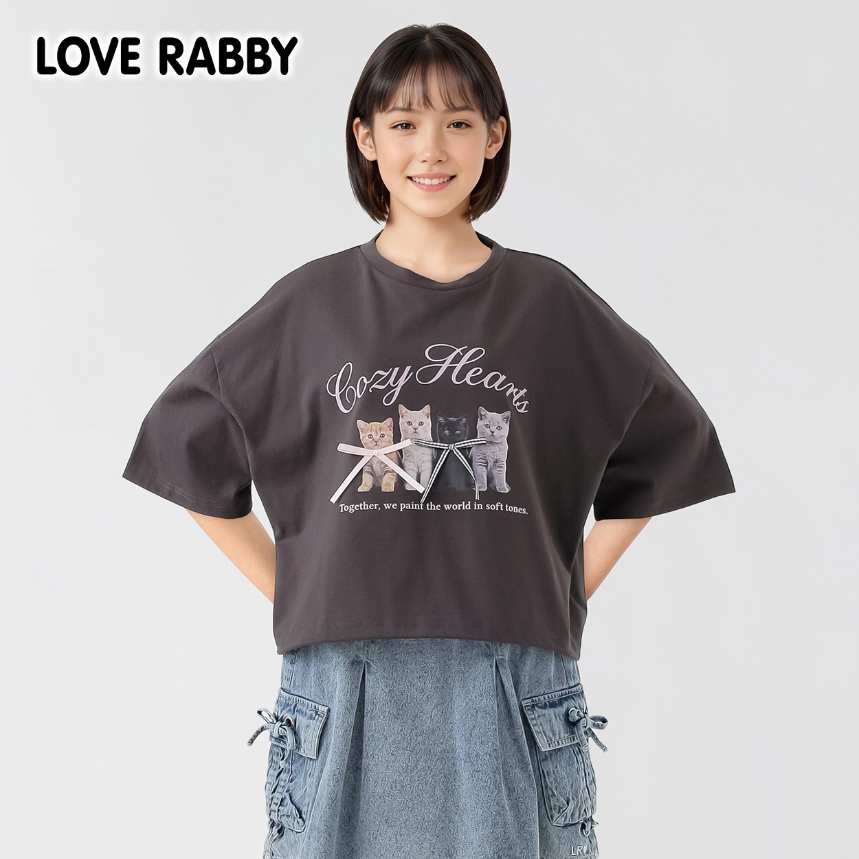 ラブラビ ねこ転写プリントリボンＴシャツ 女の子 キッズ 130cm-160cm(チャコールグレー-160cm)