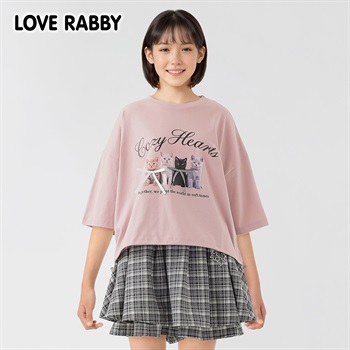 ラブラビ ねこ転写プリントリボンＴシャツ 女の子 キッズ 130cm-160cm(ピンク-130cm)