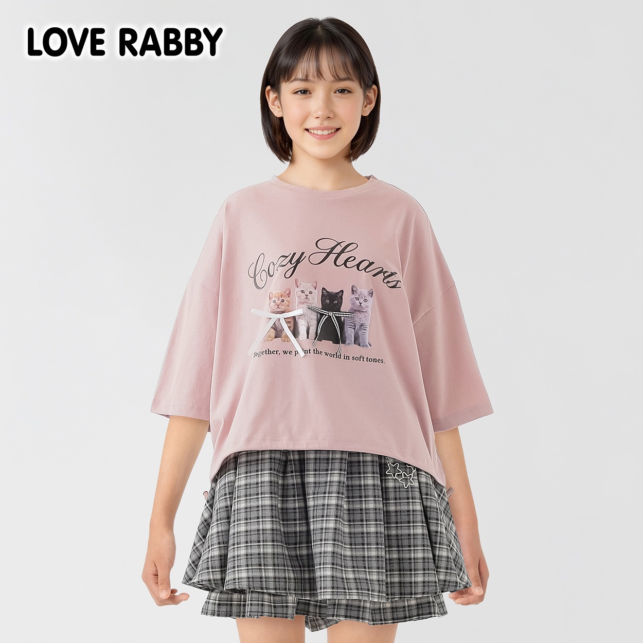 ラブラビ ねこ転写プリントリボンＴシャツ 女の子 キッズ 130cm-160cm(ピンク-160cm)