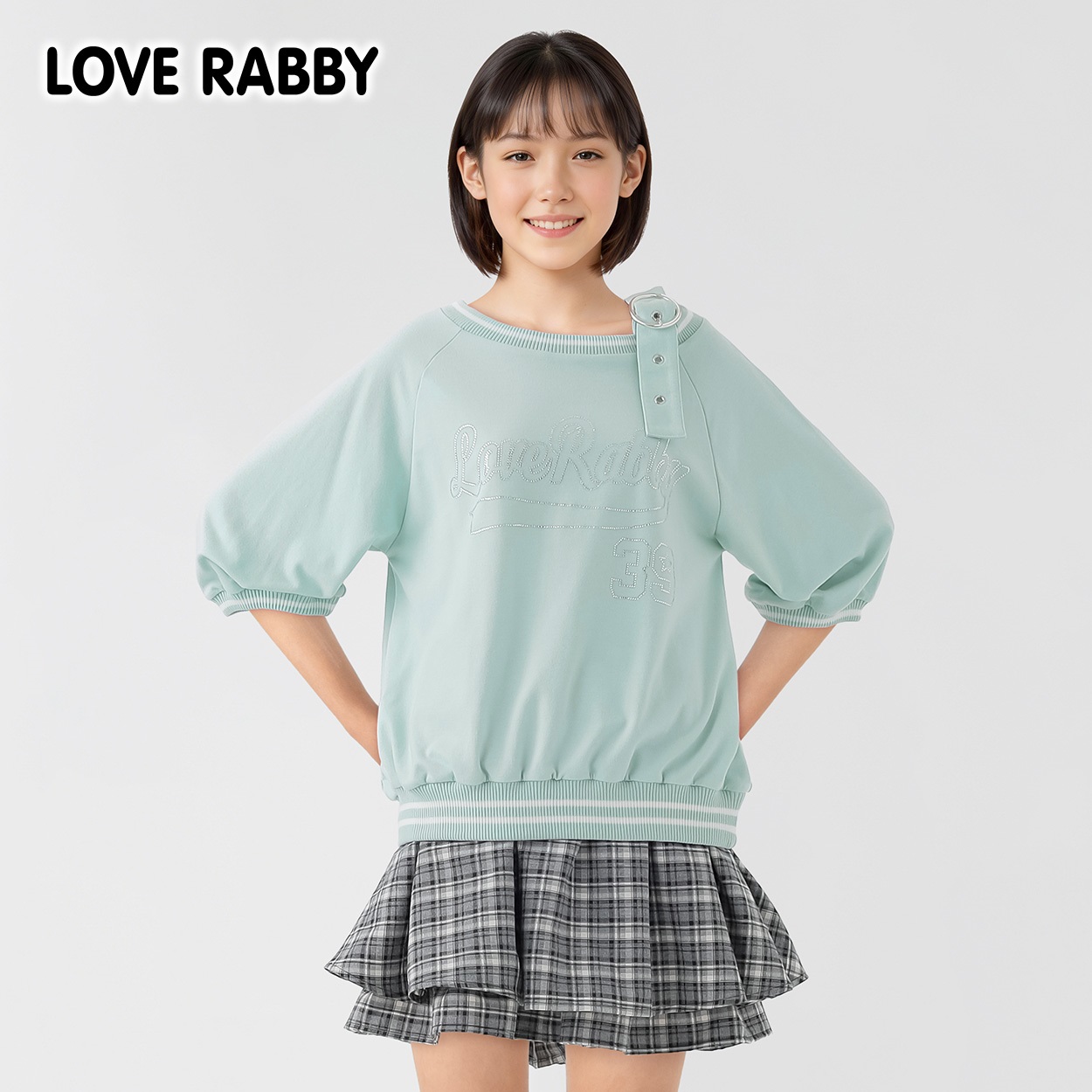 ラブラビ ミニ裏毛ラインストーンロゴＴシャツ 女の子 キッズ 130cm-160cm(ミントグリーン-160cm)