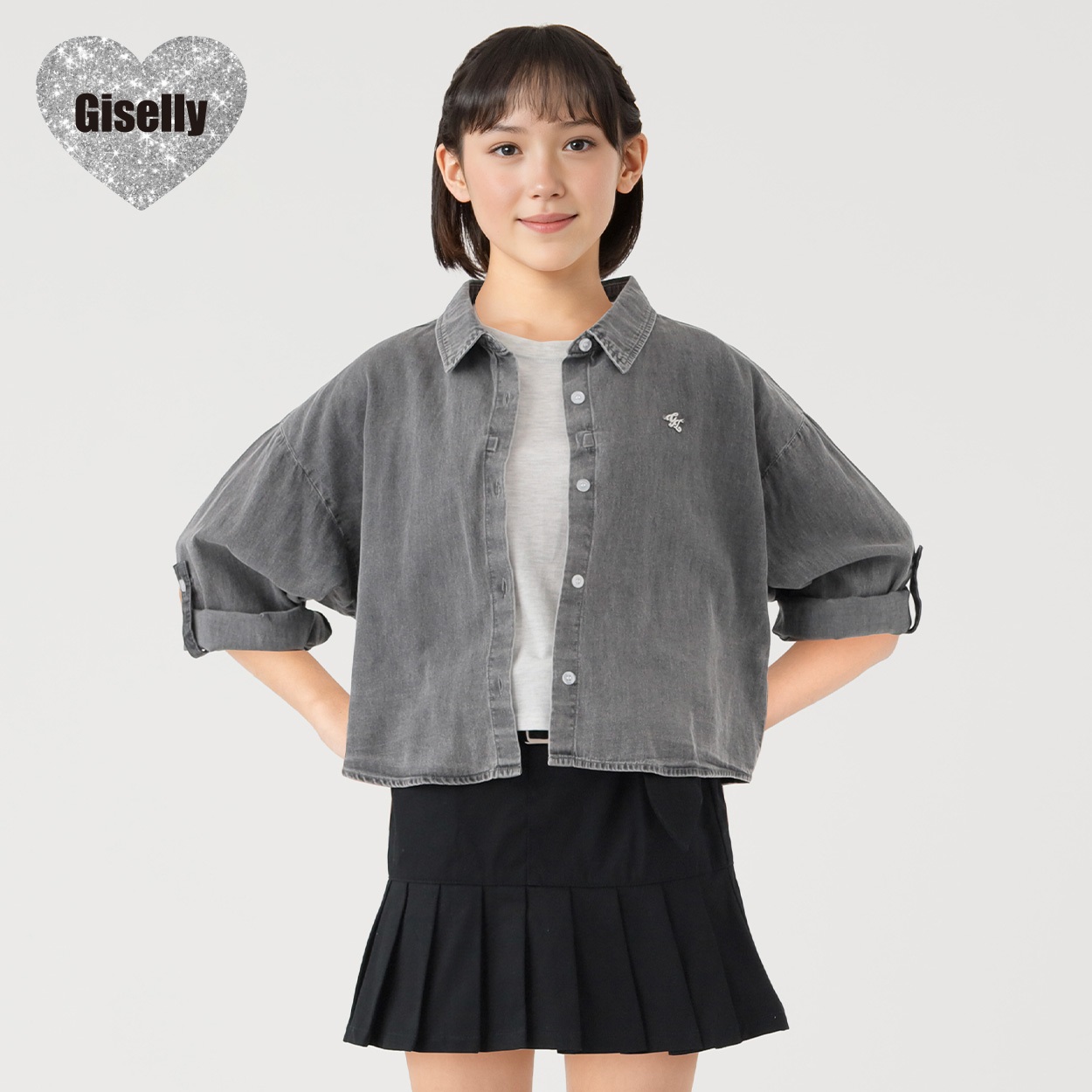 Giselly(ジゼリー) ロールアップ袖デニムシャツ 女の子 キッズ 130cm-160cm(グレー-140cm)