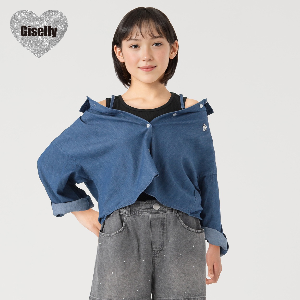 Giselly(ジゼリー) ロールアップ袖デニムシャツ 女の子 キッズ 130cm-160cm(サックス-130cm)
