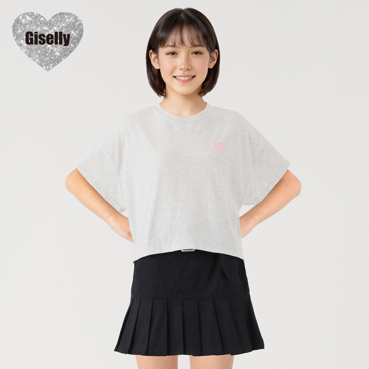 Giselly(ジゼリー) バックデニムアップリケＴシャツ 女の子 キッズ 130cm-160cm(グレー-140cm)