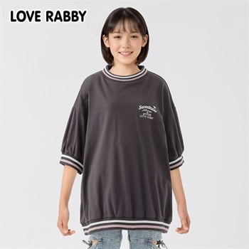 ラブラビ バックレインボーサガラ刺繍ラインリブＴシャツ 女の子 キッズ 130cm-160cm(チャコールグレー-130cm)