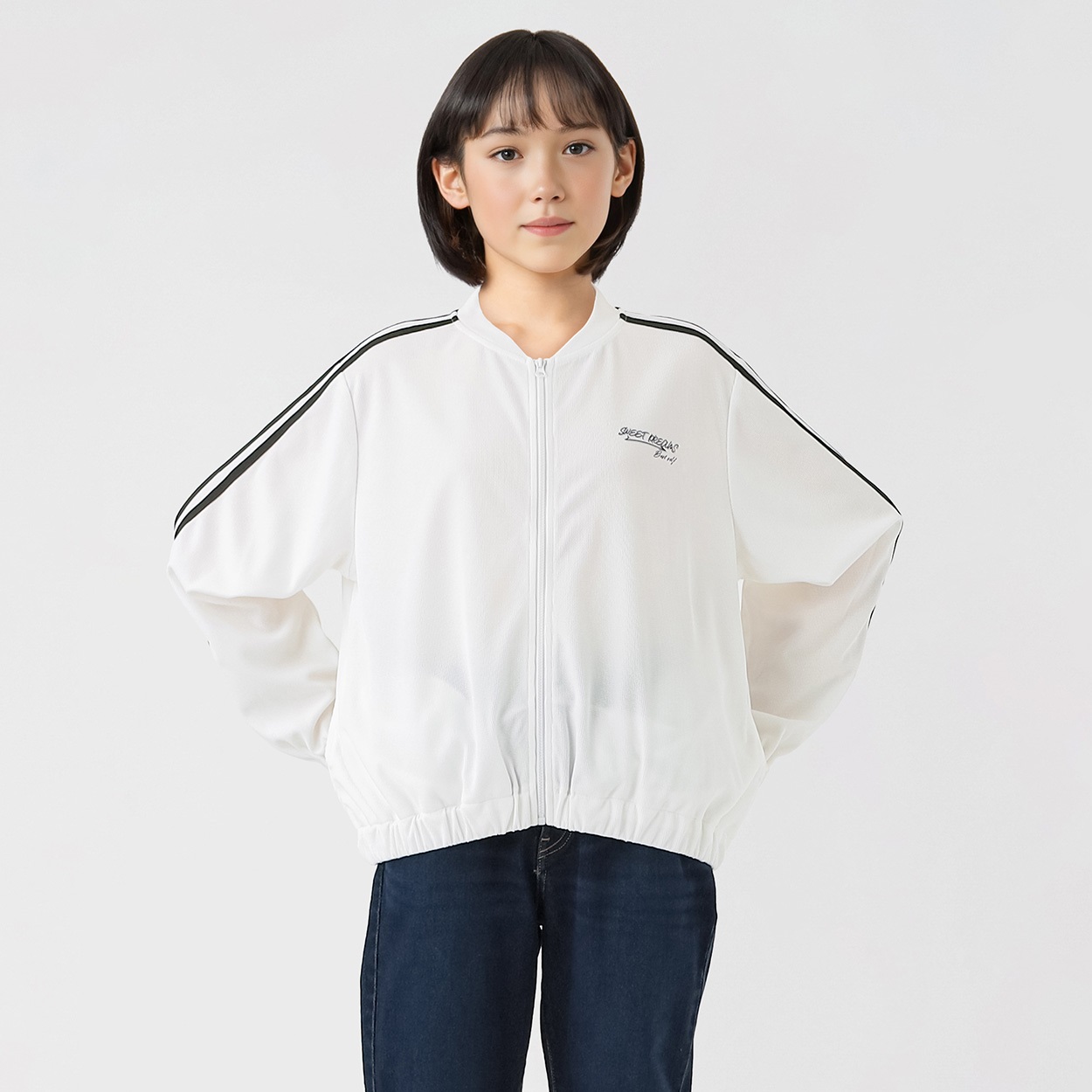 LOHEN ボトルネック レイヤードブルゾン　ホワイト ワッフルライン入りブルゾン 女の子 キッズ 130cm-160cm | イオン