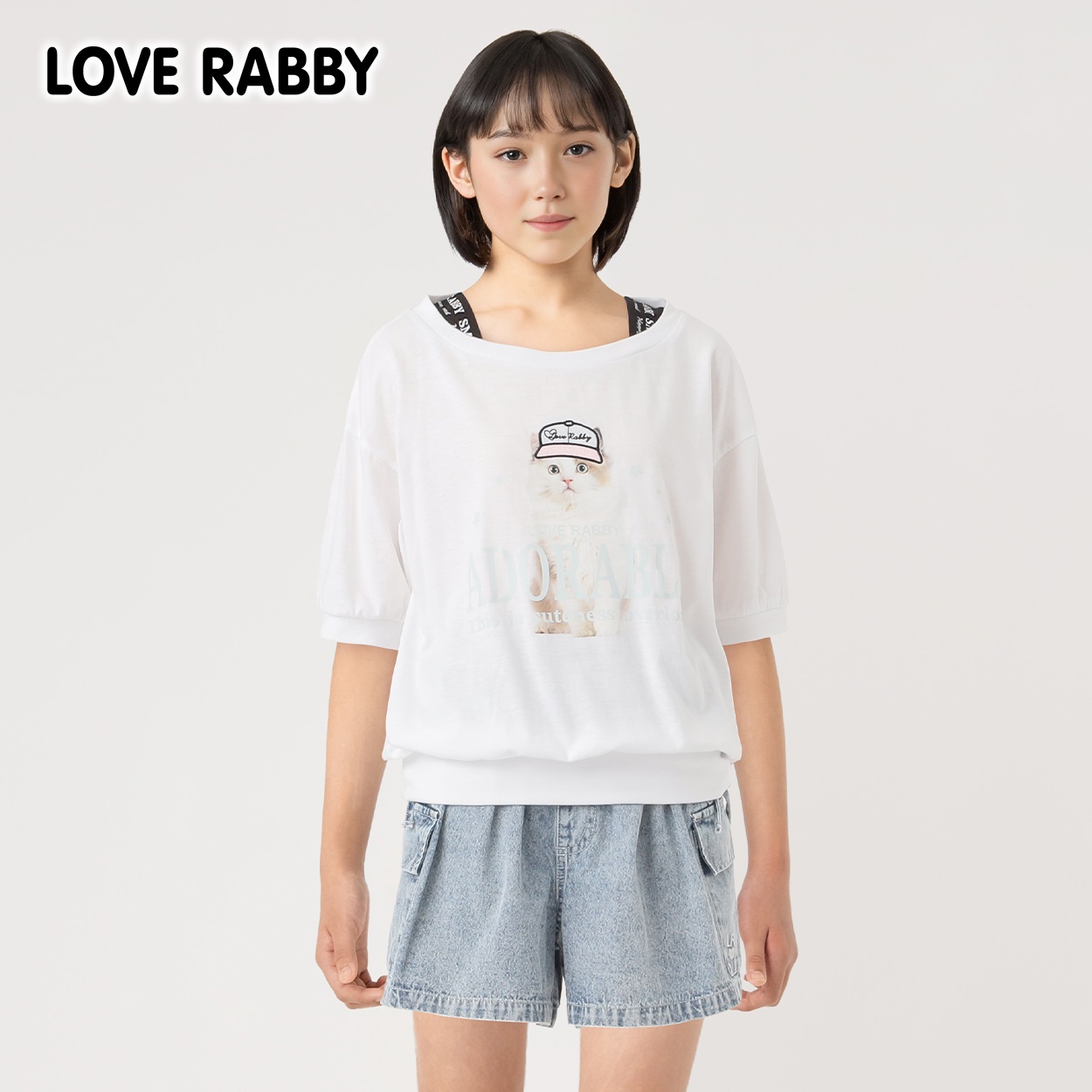 ラブラビ 転写プリントアップリケＴシャツ 女の子 キッズ 130cm-160cm(ホワイト-130cm)