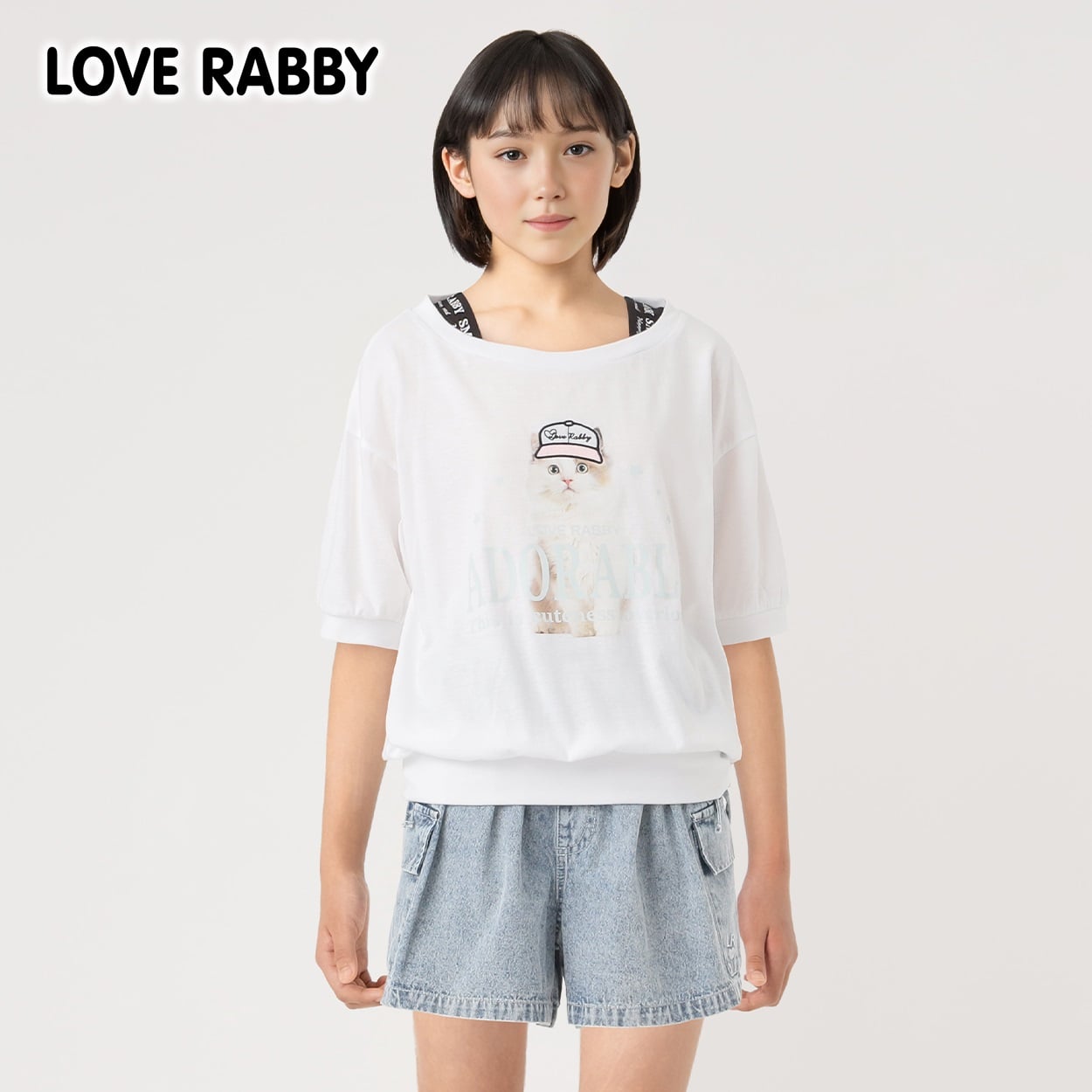 ラブラビ 転写プリントアップリケＴシャツ 女の子 キッズ 130cm-160cm(ホワイト-150cm)