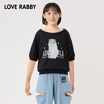 ラブラビ 転写プリントアップリケＴシャツ 女の子 キッズ 130cm-160cm(ブラック-130cm)