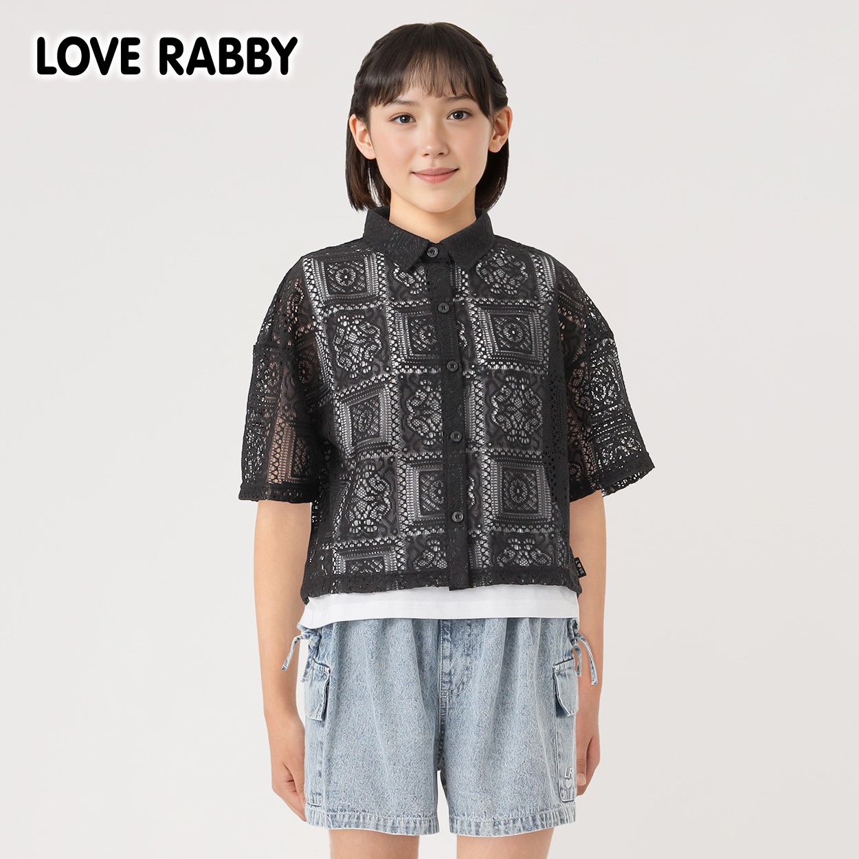 ラブラビ レースシャツコンポ 女の子 キッズ 130cm-160cm(ブラック-130cm)