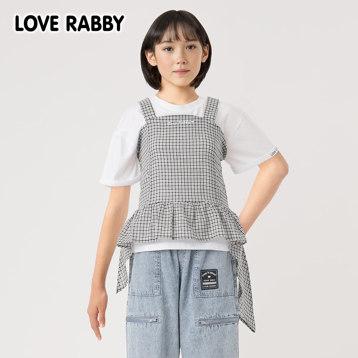 ラブラビ イレギュラーヘムチェックキャミコンポ 女の子 キッズ 130cm-160cm(ブラック-130cm)
