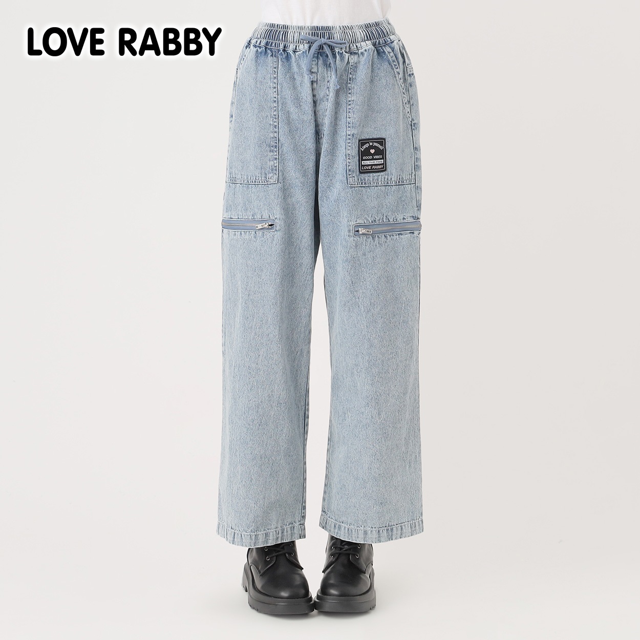 ラブラビ デニム脇ジップワイドパンツ 女の子 キッズ 130cm-160cm(ブルー-140cm)