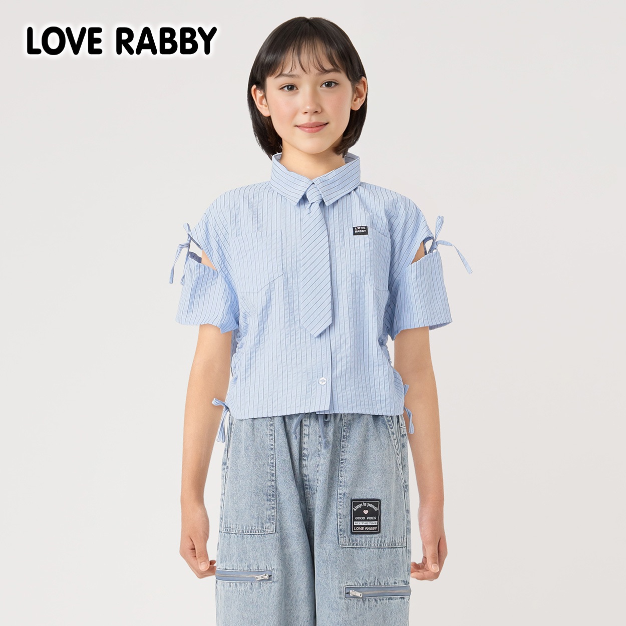 ラブラビ ストライプネクタイ付きシャツ 女の子 キッズ 130cm-160cm(ブルー-140cm)