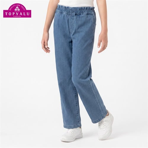 ストレッチデニムワイドパンツ キッズ 女の子 トップバリュ 130cm-160cm(サックス-130cm)