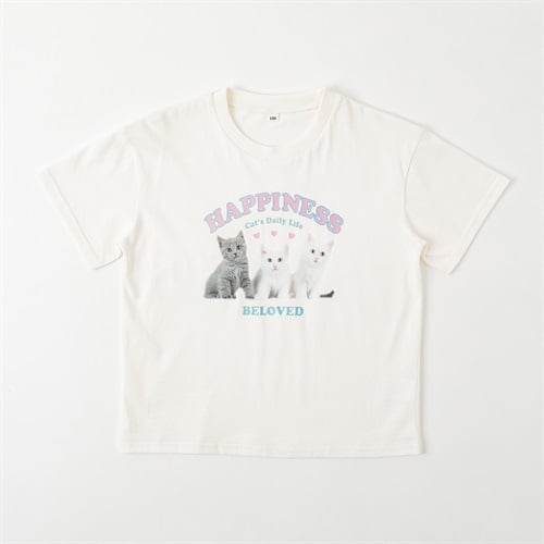猫プリントTシャツ 女の子 キッズ 130cm-160cm(ホワイト-130cm)