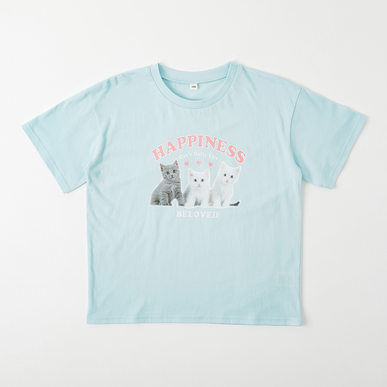 猫プリントTシャツ 女の子 キッズ 130cm-160cm(サックス-130cm)