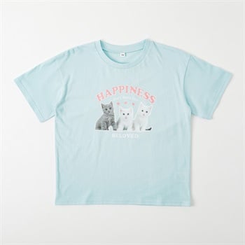 猫プリントTシャツ 女の子 キッズ 130cm-160cm(サックス-130cm)