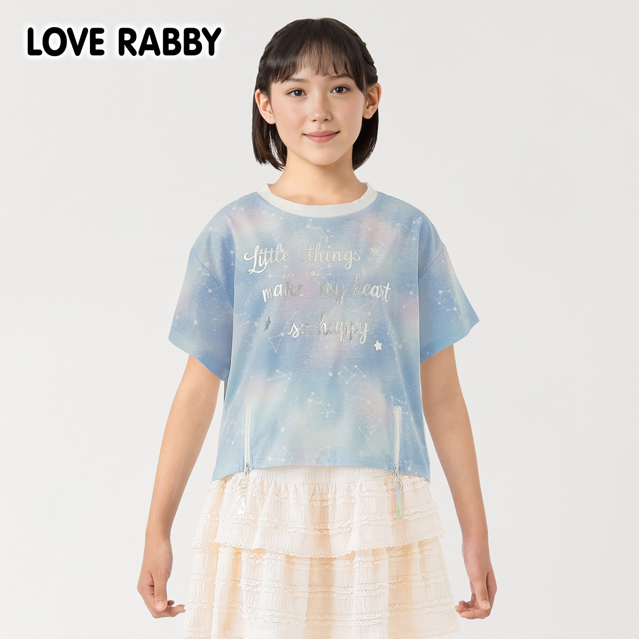 ラブラビ 総柄裾ジップＴシャツ 女の子 キッズ 130cm-160cm(サックス-150cm)