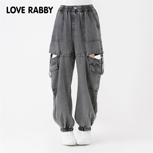 ラブラビ ケミカルデニム脇スリットカーゴパンツ 女の子 キッズ 130cm-160cm(ブラック-130cm)
