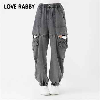 ラブラビ ケミカルデニム脇スリットカーゴパンツ 女の子 キッズ 130cm-160cm(ブラック-130cm)