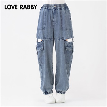 ラブラビ ケミカルデニム脇スリットカーゴパンツ 女の子 キッズ 130cm-160cm(ブルー-130cm)