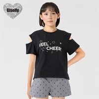 Giselly(ジゼリー) ラインストーン使い肩開きT 女の子 キッズ 130cm-160cm(ブラック-130cm)