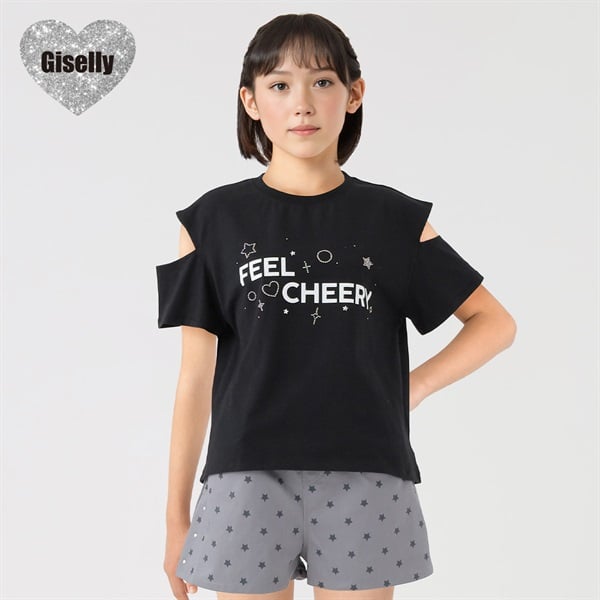 Giselly(ジゼリー) ラインストーン使い肩開きT 女の子 キッズ 130cm-160cm(ブラック-140cm)