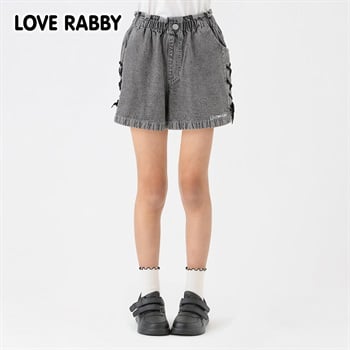 LOVERABBY(ラブラビ) ケミカルデニム脇レースアップショートパンツ キッズ 女の子 130cm-160cm(ブラック-130cm)