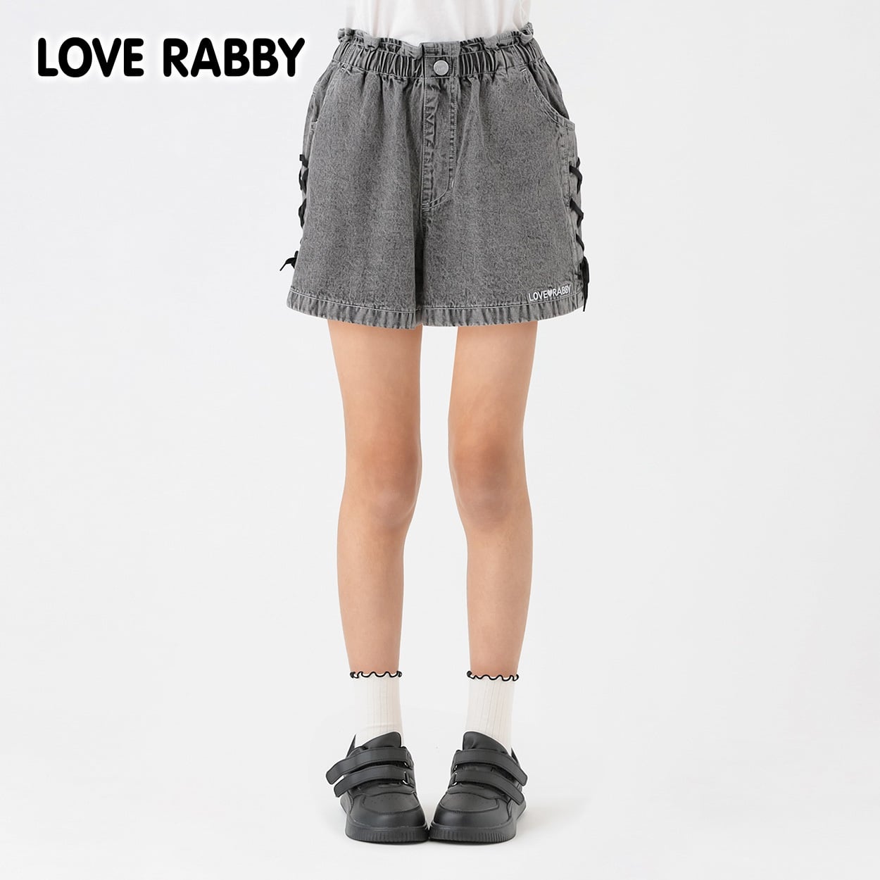 LOVERABBY(ラブラビ) ケミカルデニム脇レースアップショートパンツ キッズ 女の子 130cm-160cm(ブラック-140cm)
