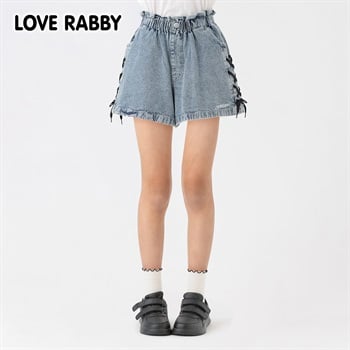 LOVERABBY(ラブラビ) ケミカルデニム脇レースアップショートパンツ キッズ 女の子 130cm-160cm(ブルー-130cm)