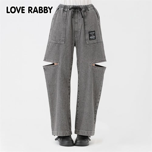 LOVERABBY(ラブラビ) ケミカルデニム脇ジップワイドパンツ キッズ 女の子 130cm-160cm