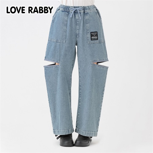 LOVERABBY(ラブラビ) ケミカルデニム脇ジップワイドパンツ キッズ 女の子 130cm-160cm(ブルー-130cm)