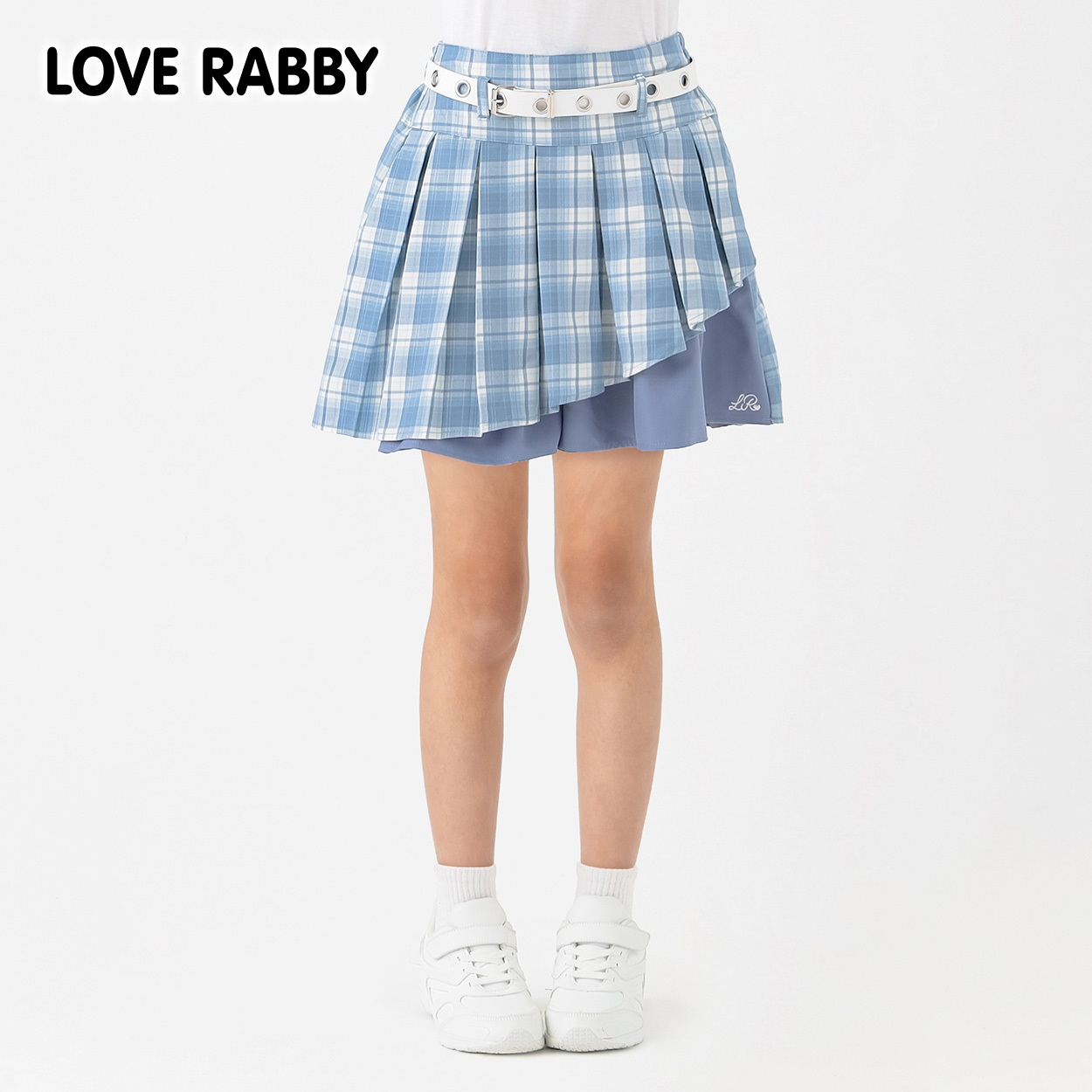 ラブラビ ベルト付きチェックスカパン 女の子 キッズ 130cm-160cm(サックス-140cm)
