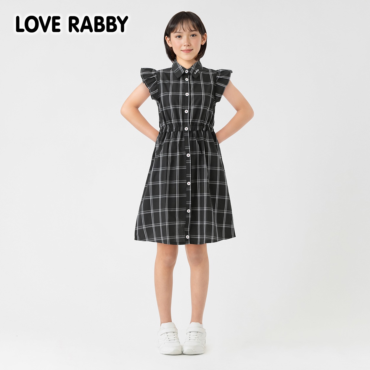 LOVERABBY(ラブラビ) 袖フリルシャツワンピース キッズ 女の子 130cm-160cm(ブラック-150cm)