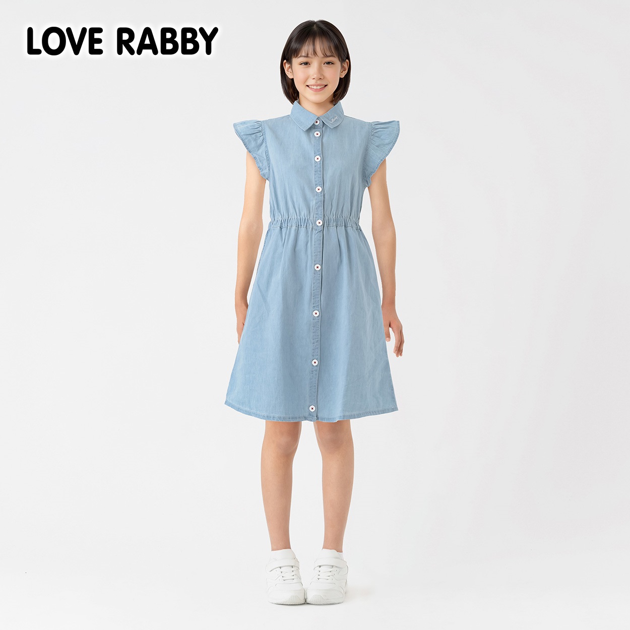 LOVERABBY(ラブラビ) 袖フリルシャツワンピース キッズ 女の子 130cm-160cm(サックス(デニム)-160cm)
