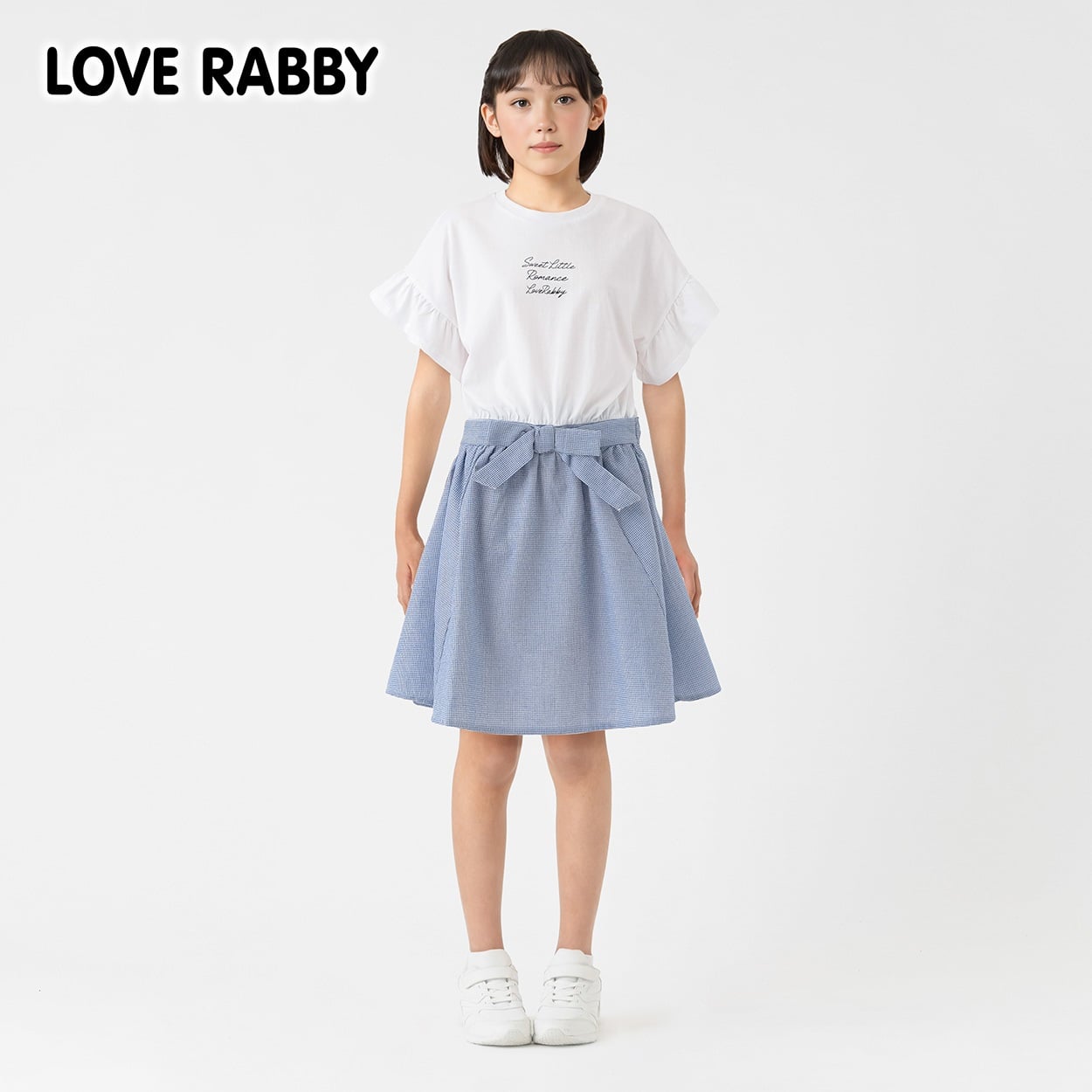 LOVERABBY(ラブラビ) ギンガムウェストリボンドッキングワンピース キッズ 女の子 130cm-160cm(ホワイト-140cm)