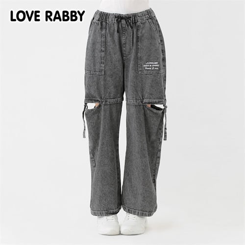 LOVERABBY(ラブラビ) ケミカルデニム脇スリットカーゴパンツ キッズ 女の子 130cm-160cm(ブラック-130cm)
