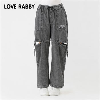 LOVERABBY(ラブラビ) ケミカルデニム脇スリットカーゴパンツ キッズ 女の子 130cm-160cm(ブラック-130cm)