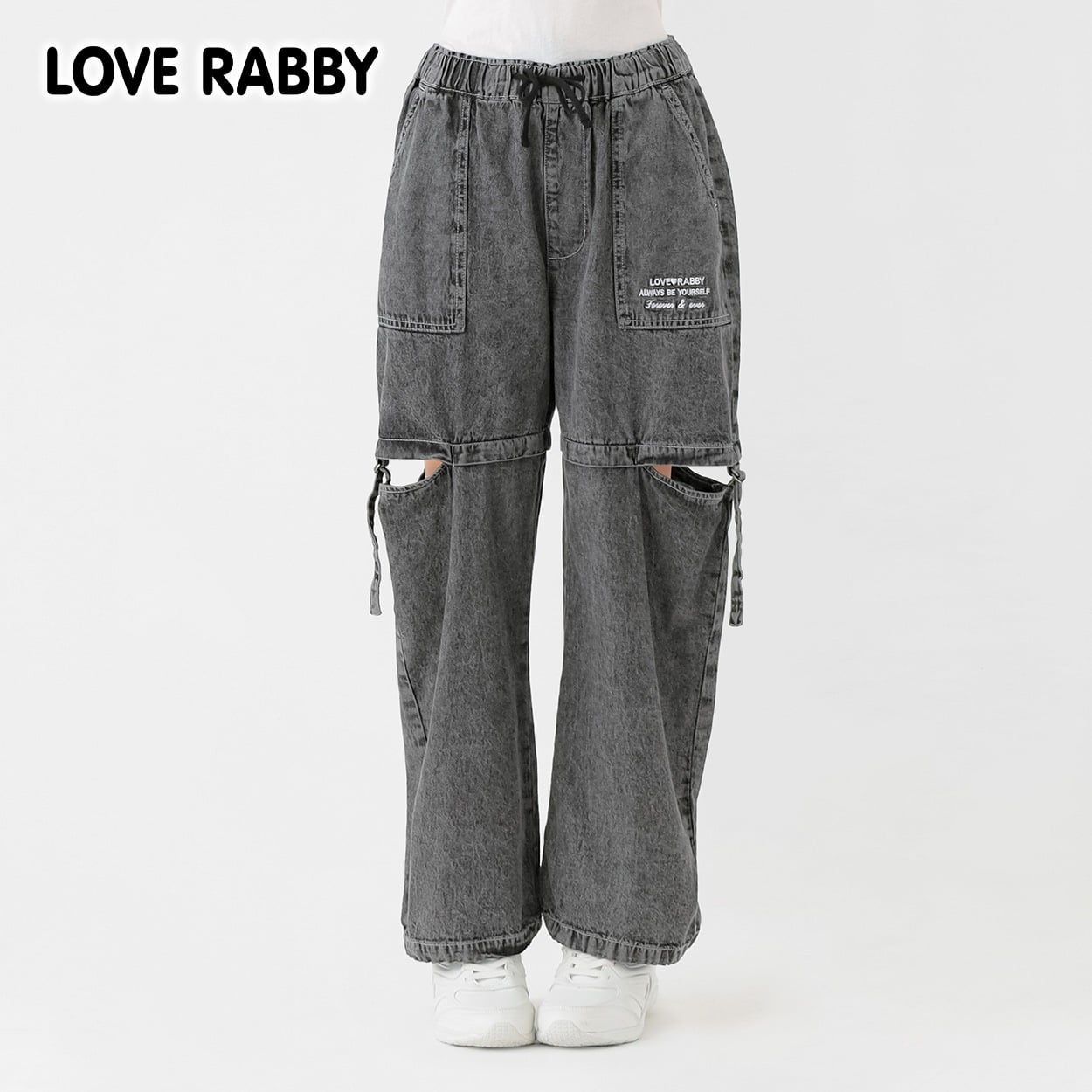 LOVERABBY(ラブラビ) ケミカルデニム脇スリットカーゴパンツ キッズ 女の子 130cm-160cm(ブラック-140cm)