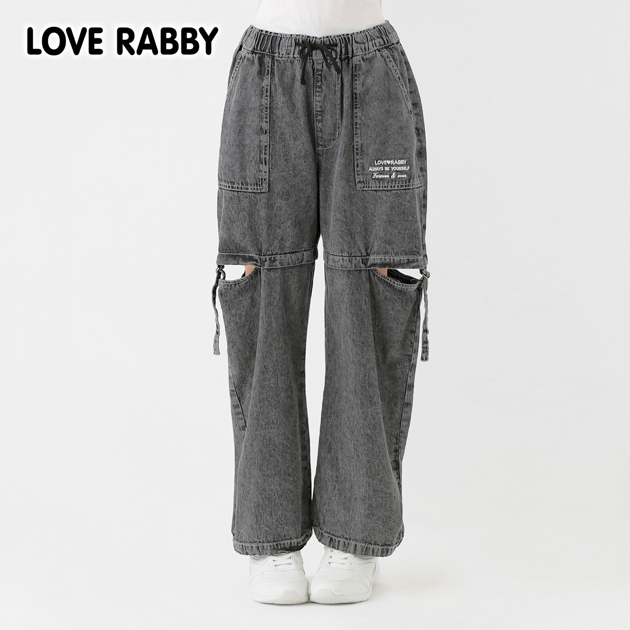 LOVERABBY(ラブラビ) ケミカルデニム脇スリットカーゴパンツ キッズ 女の子 130cm-160cm(ブラック-160cm)